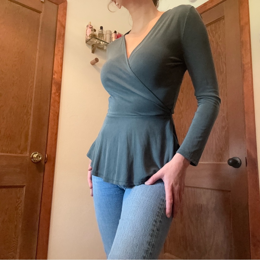 LOFT Green Wrap Fitted Bodysuit Blouse